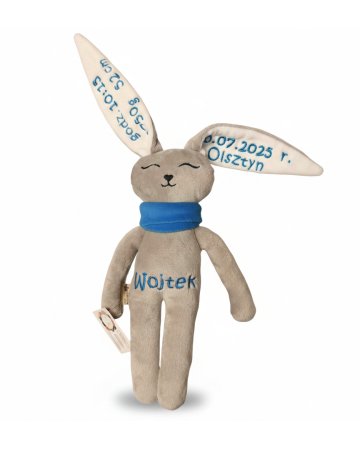 maskotka, szary pluszowy zajączek z haftem personalizowanym, metryczka