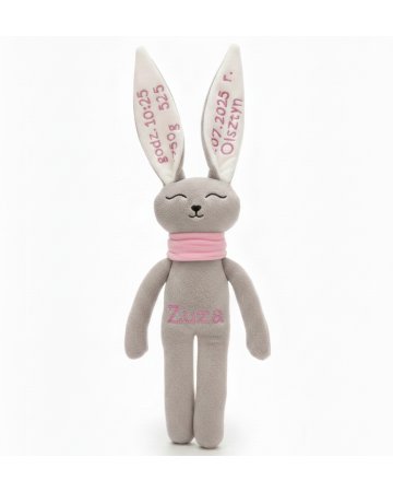 maskotka, szary pluszowy zajączek z haftem personalizowanym, metryczka