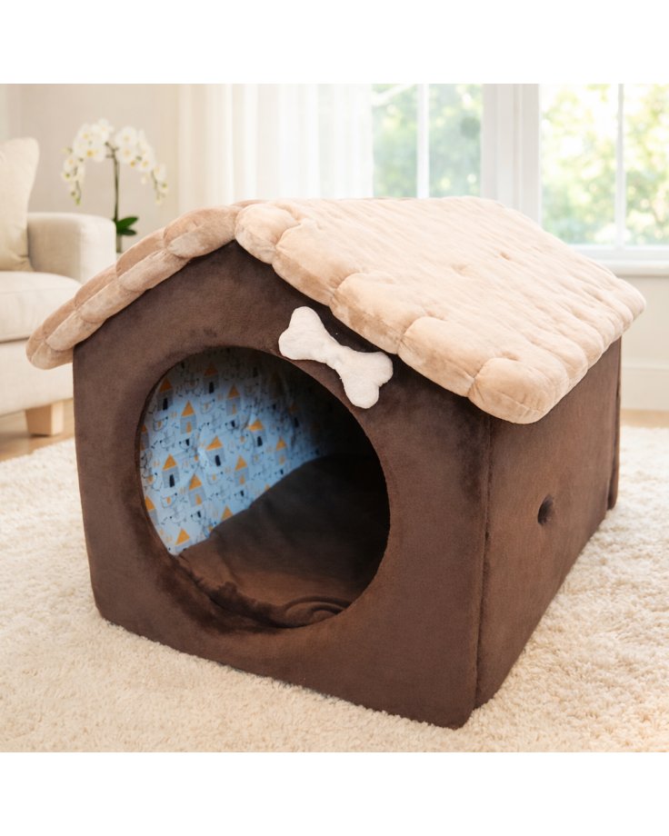 pluszowa buda dla psa lub kota. kolor czekoladowy i toffi