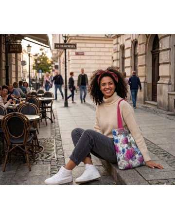 Torba shopperka prezentowana na ramieniu modelki