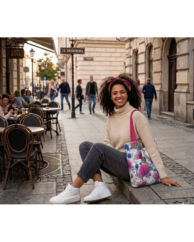 Torba shopperka prezentowana na ramieniu modelki